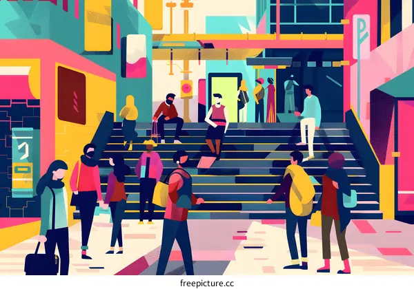 Colorful Illustration of People Walking in a City Street