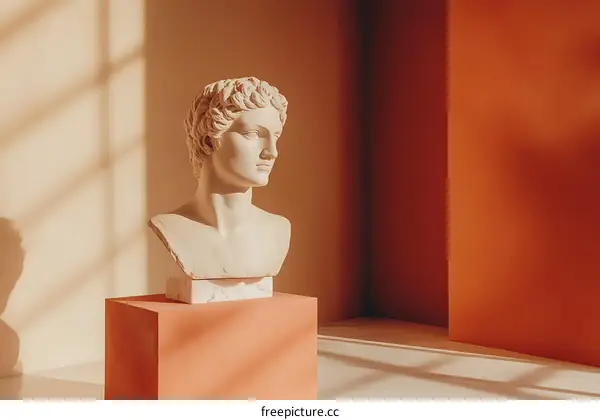 White Marble Bust Sculpture on Orange Pedestal Against a Peach and Orange Wall