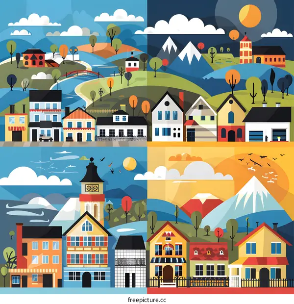 Flat Style Illustration Of Village Houses With Mountains And Sun