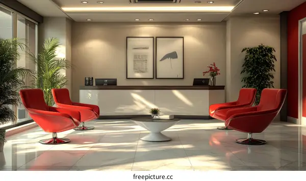 Modern Lobby Interior Design with Red Chairs