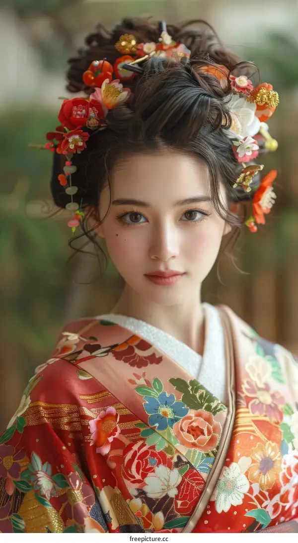 Japanese Woman in Traditional Kimono with Flower Hair Accessory