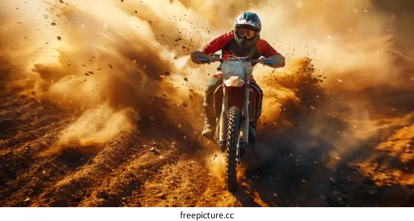 Motocross dirt bike rider speeds through sandy terrain