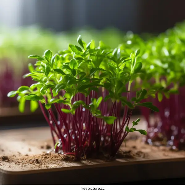 Close-up of red and green microgreens growing on a wooden tray
