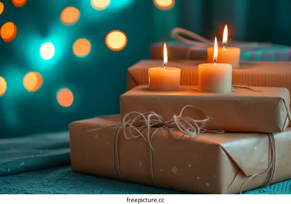 Three candles on a stack of wrapped presents with a teal background