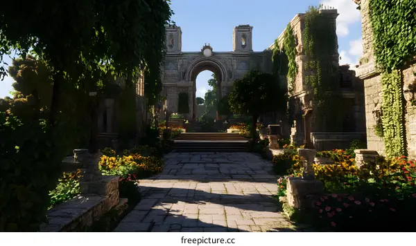 Stone Archway Leading to a Lush Garden