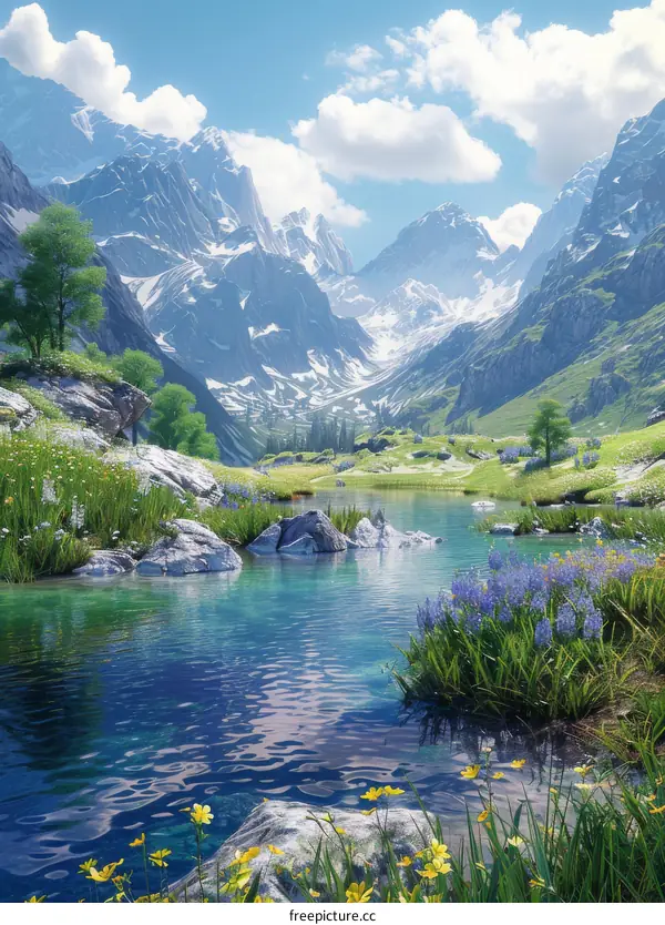 Mesmerizing Nature Landscape with Verdant Grass and Snow-Capped Mountain