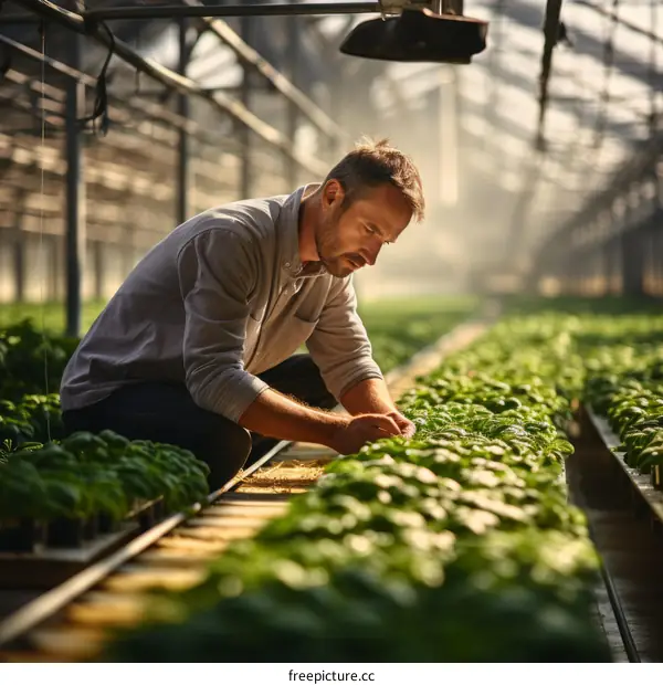 Male farmer checking the quality of the basil plants in a greenhouse