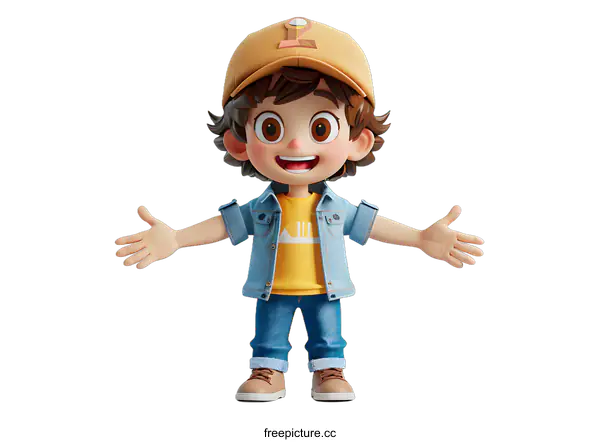 [Transparent Background PNG]A 3D rendering of a young boy wearing a hat, shirt, and jeans