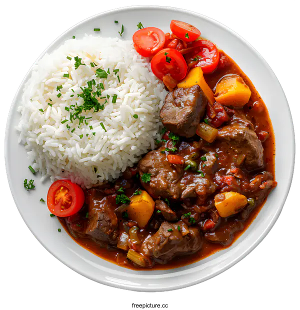 [Transparent Background PNG]Beef stew with rice and tomatoes