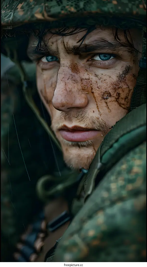 Portrait of a young soldier with blue eyes and a dirty face