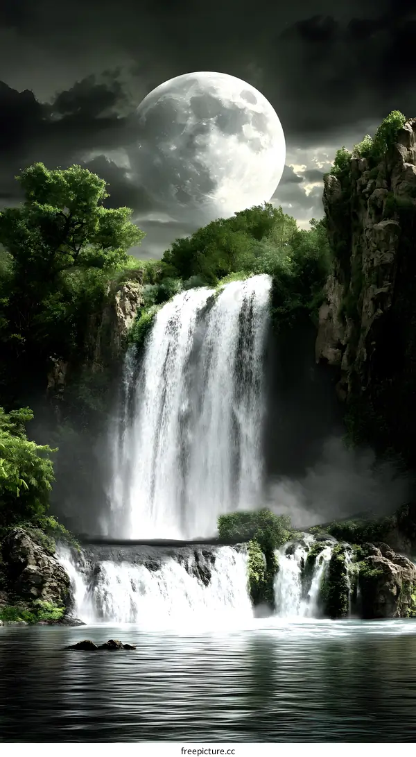Waterfall at Night with Full Moon