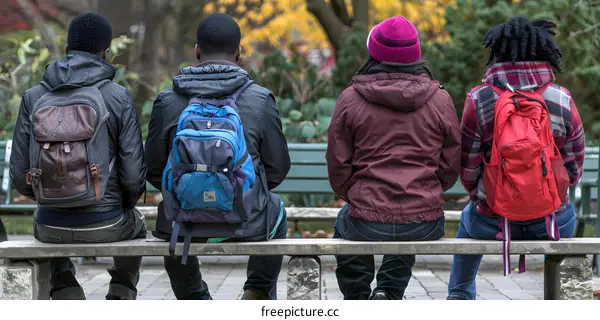 Four Students With Backpacks Sitting On A Bench