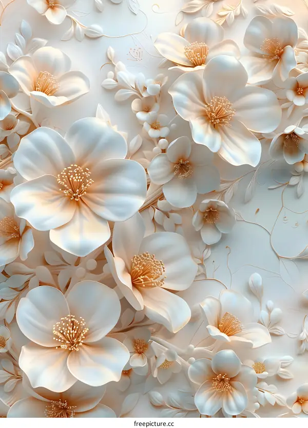 White and beige flowers bloom on the wall