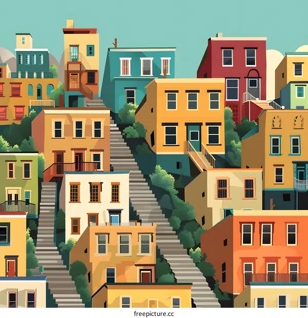 Colorful Houses with Stairs in a Hillside Town