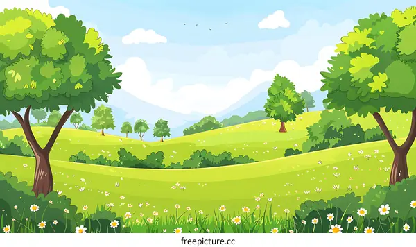 Green Meadow Landscape with Trees and Flowers