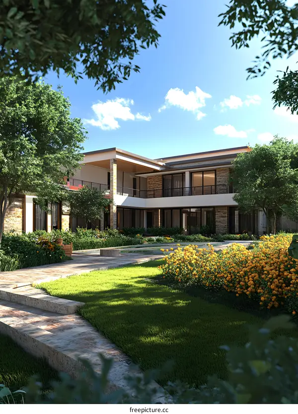 Modern House with Lush Greenery and a Pool