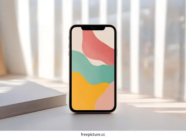 Mobile Phone with Abstract Wallpaper on White Table