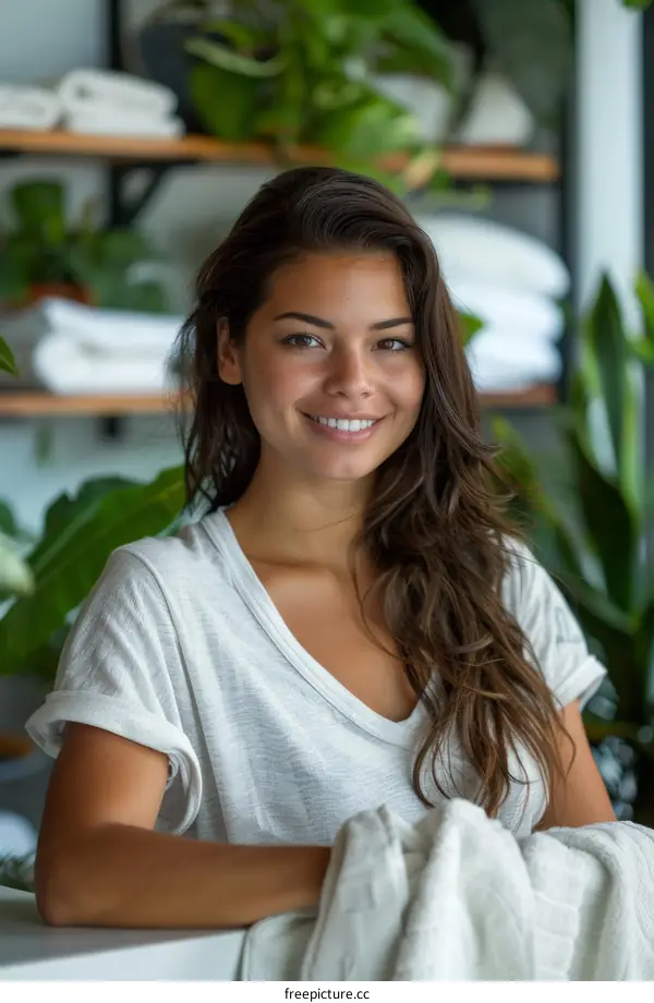 Portrait of a smiling young woman with long brown hair wearing a white shirt