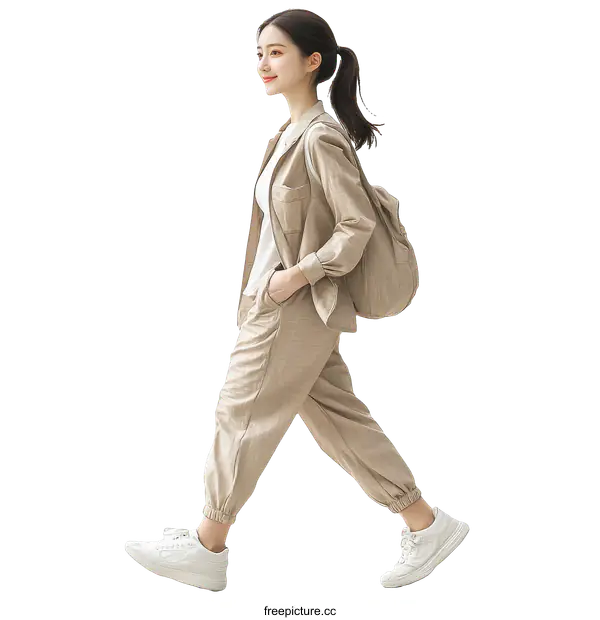 [Transparent Background PNG]Woman in Beige Linen Outfit with White Sneakers