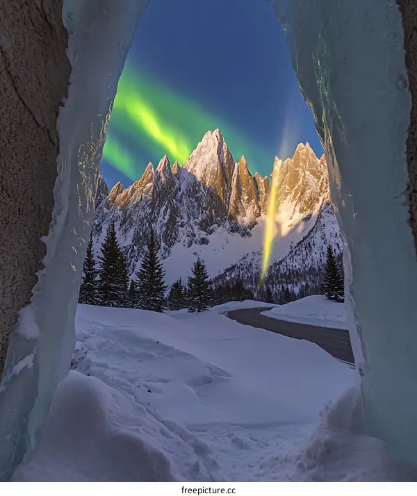 Mountain View Through Icy Window With Northern Lights