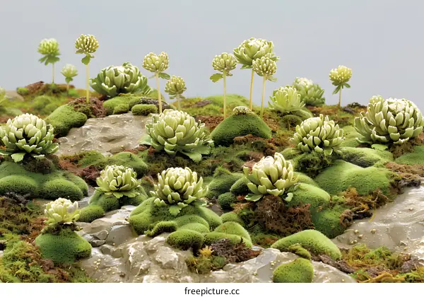 Green Moss and Flowers On Rock