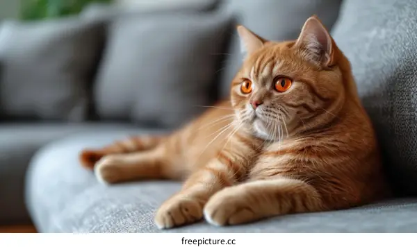 A ginger cat is lying on a gray sofa looking to the right