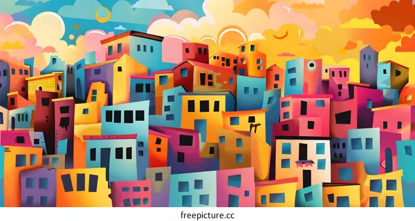 Colorful Cityscape Illustration with Abstract Buildings and a Bright Sky