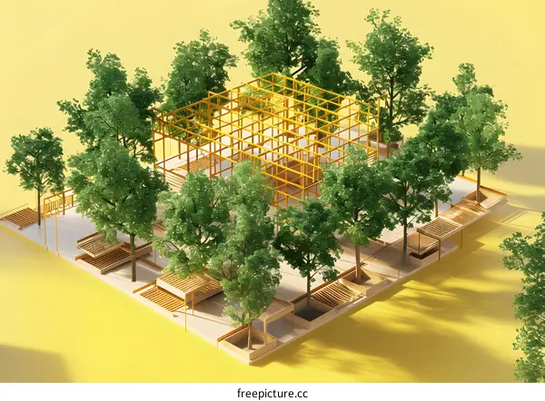 Golden Frame Structure with Green Trees in Yellow Background