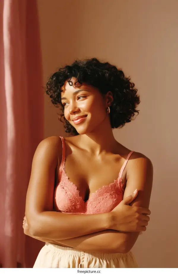 Woman in Soft Pink Lingerie Posing Against a Light Tan Wall