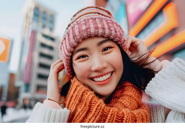 Smiling Asian Woman Wearing Winter Clothes in City