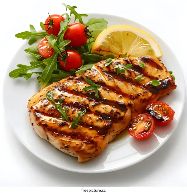 Grilled salmon fillet with arugula salad and tomatoes