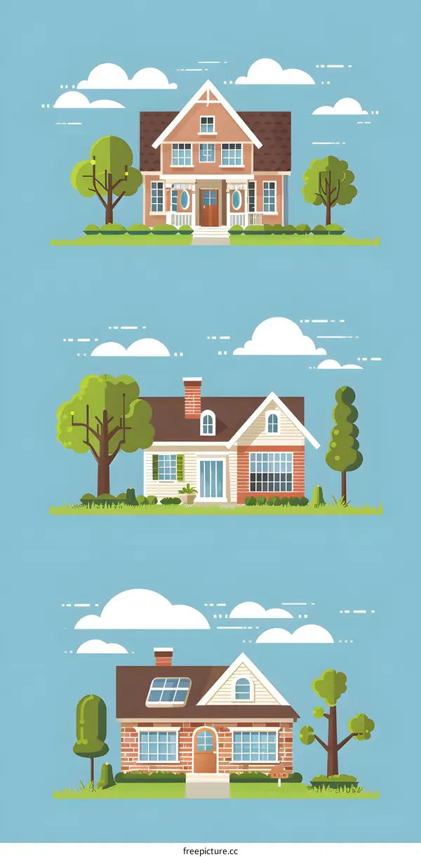 Three Flat Design Homes with Green Lawns and Blue Sky