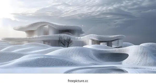 Modern Architecture Design with Abstract White Structure and Landscape