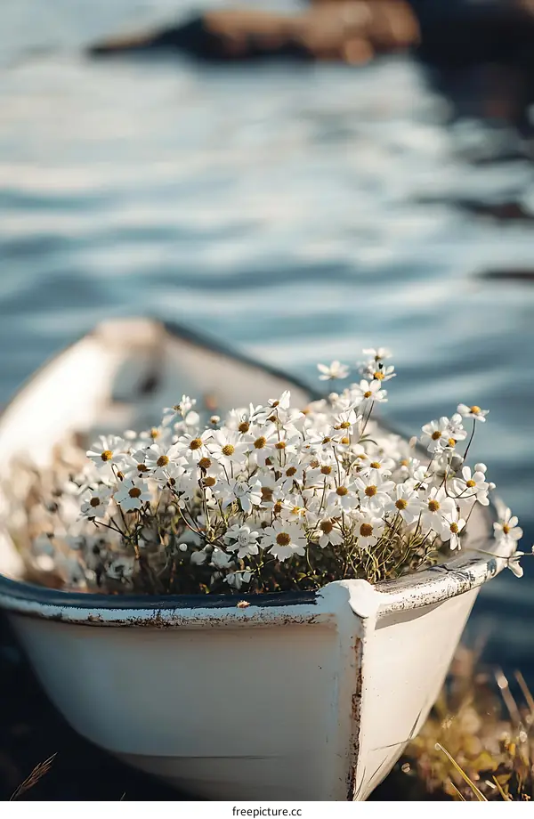 White Rowboat Filled With Daisies on Calm Water