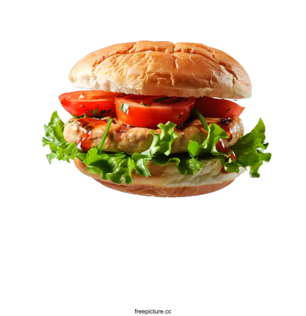 [Transparent Background PNG]A delicious and healthy burger with lettuce, tomato, and grilled chicken