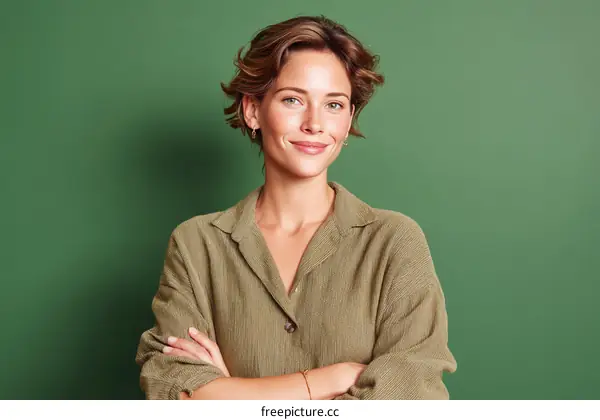 Confident Woman in a Stylish Olive Top Against a Green Background