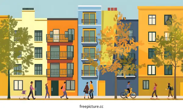 Colorful City Street with People Walking and Cycling