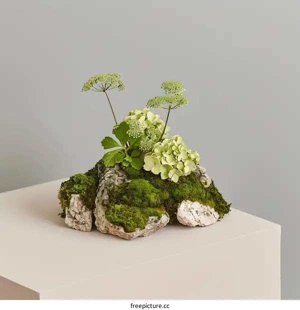 Green Flowers on Rock with Moss