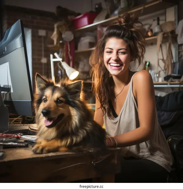 A young woman and her dog in a workshop