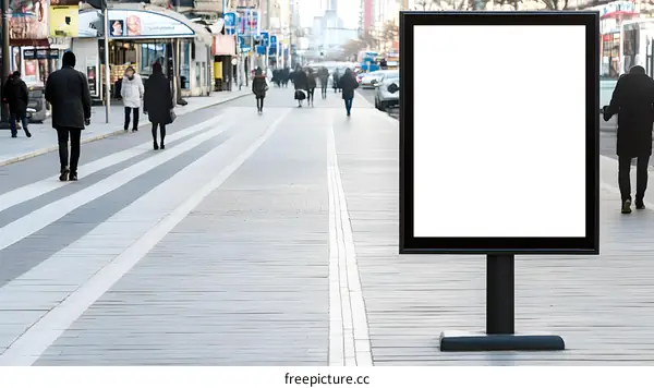 Blank Billboard on Sidewalk with People Walking