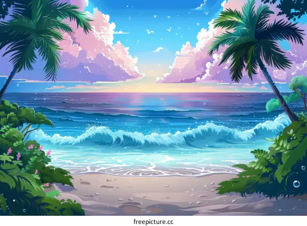 Tropical Beach Scene with Palm Trees and Sunset