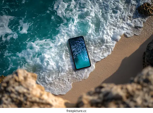 Smartphone on Beach With Waves Crashing