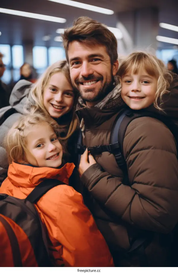 Happy family of four at the airport ready to travel