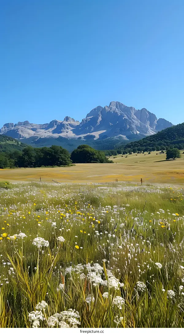 Mountains in the distance with yellow and white wildflowers in the foreground
