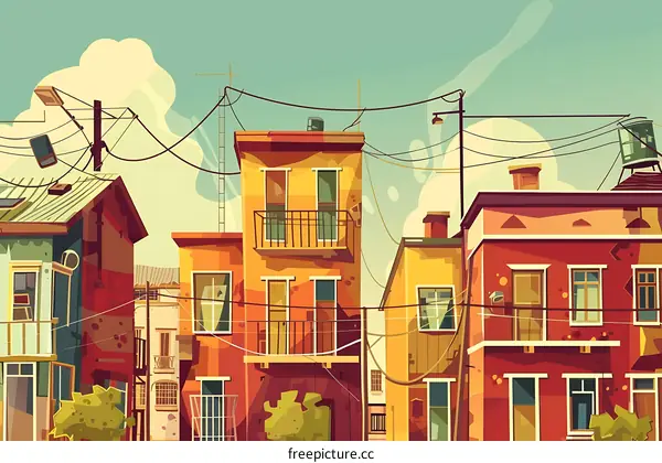 Colorful Cartoon Illustration of City Buildings