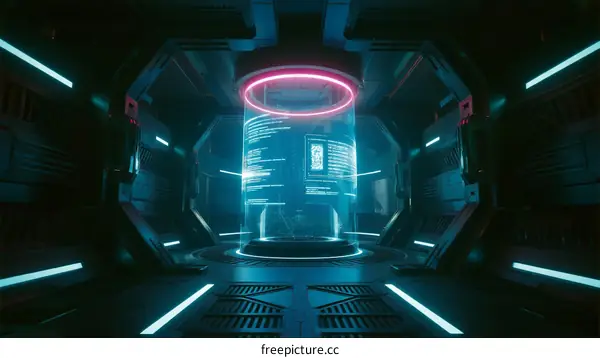 Futuristic Sci-Fi Interior with Holographic Display and Neon Lights