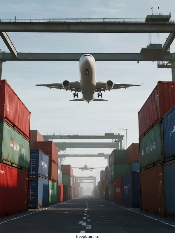 Airplane flying over shipping containers in industrial port