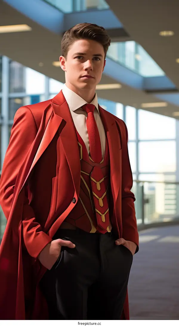 Young man in red suit with red cape