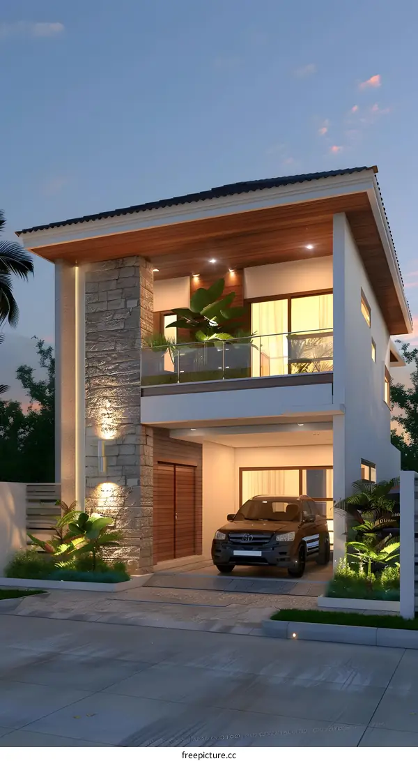 Modern Two Storey House Exterior Design With Stone Wall And Wood Accents
