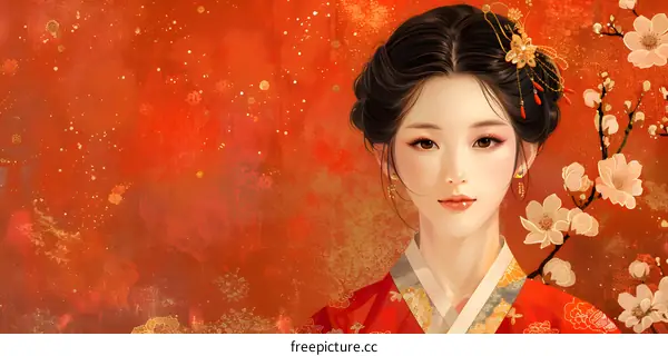 A beautiful woman in a red dress with a white flower in her hair.